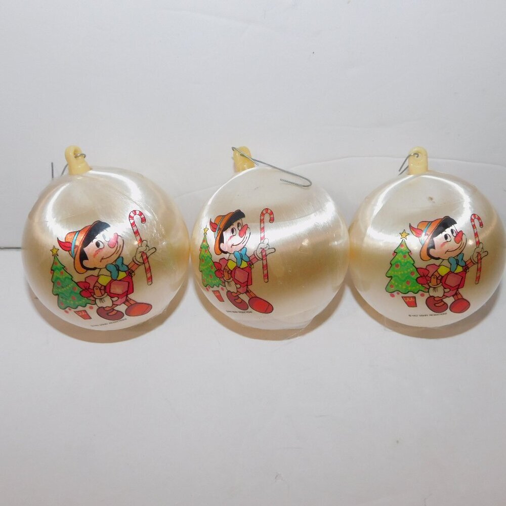 Set 3 Vintage Walt Disney Pinocchio Christmas Ornament Balls 2.5" Satin String